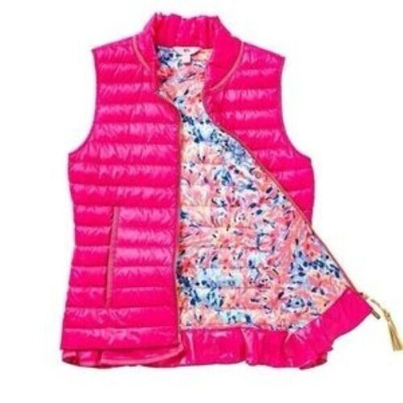 Lilly Pulitzer Cora Down Puffer Vest Womens Size S Pink Ruffle Tassel Zip Pull - Picture 2 of 14